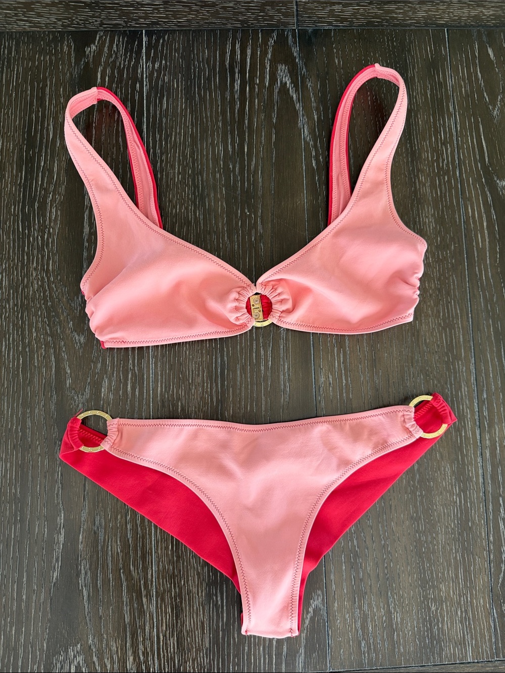 Stella McCartney Pink and Red Two-Tone Bikini Set with Gold Ring Accents
